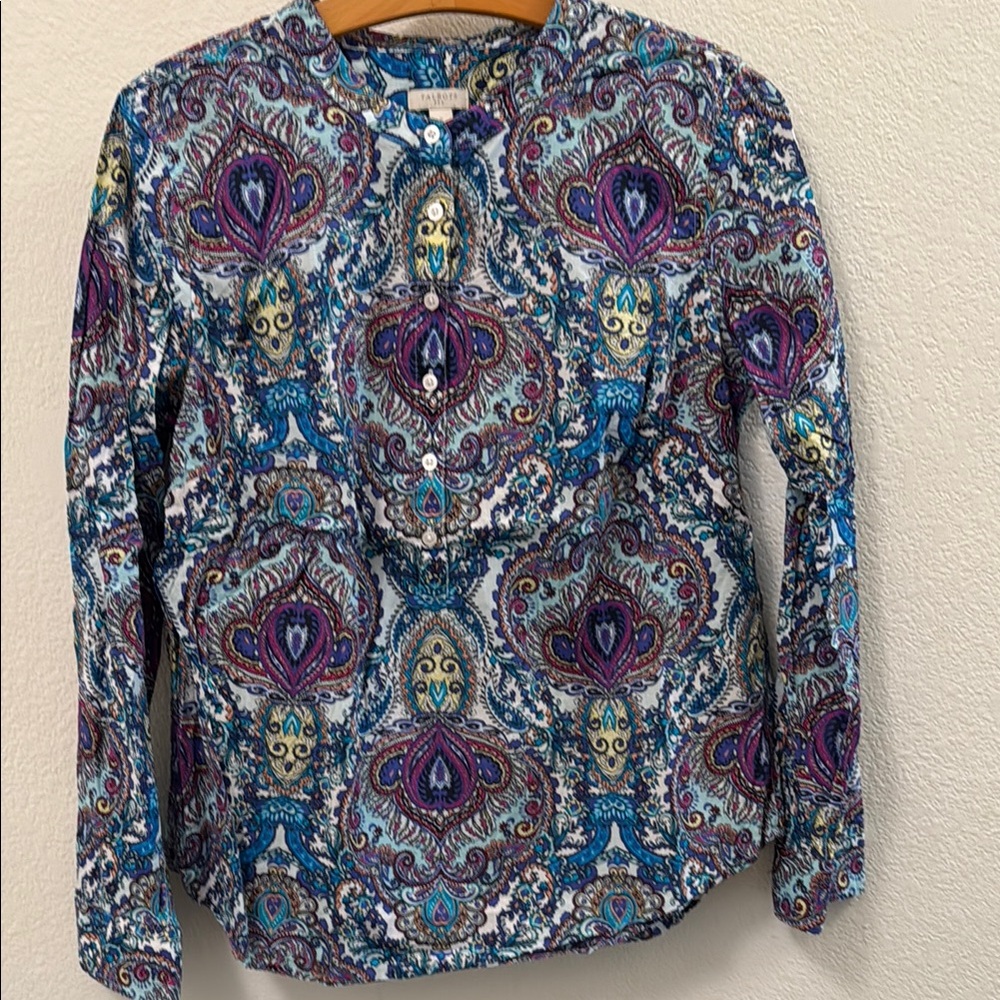Talbots Purple and Blue Long Sleeve Mandarin Collar Shirt